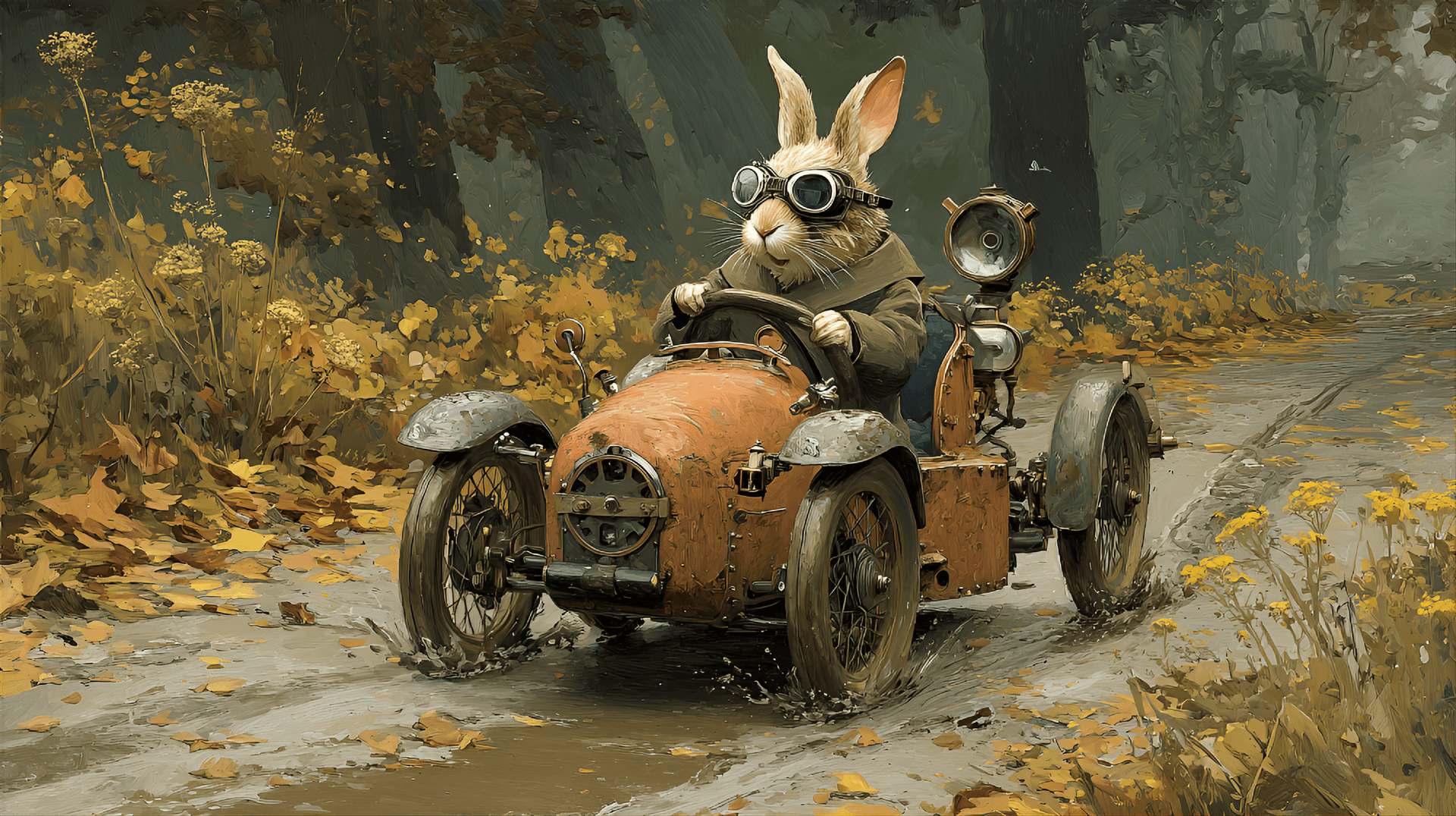 AI generated: rabbit with aviator goggles is driving a small, rusty-orange, steampunk-style car on a muddy, forest...