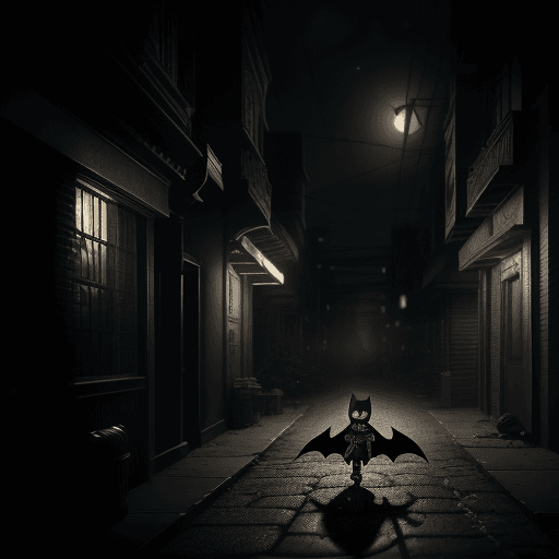 AI generated: Create hyper realistic, high definition high detail underexposed image. Batman as a toddler battling...
