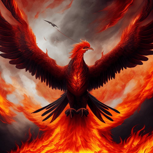 AI generated: highest quality photo of a masculine large ((Phoenix bird) ) unreal, underworld explorer (fire-red:8...