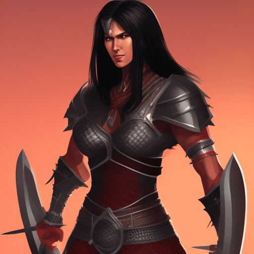 AI generated: full-body illustration, noble and valiant female fighter from nomadic dynasty, chain mail, red armor...