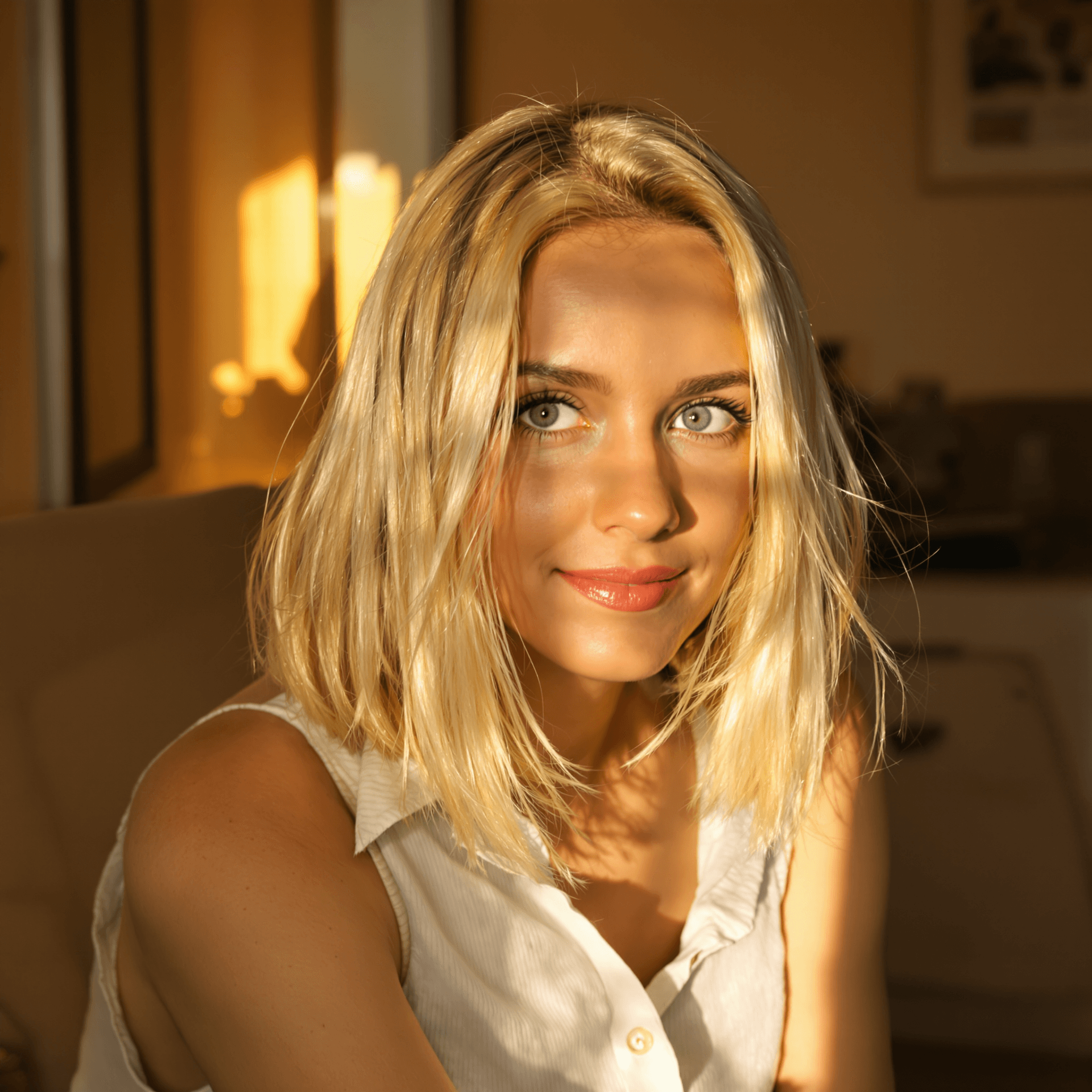 AI generated: A young blonde woman with blue eyes and light blonde hair styled in a long bob sits in a softly lit ...