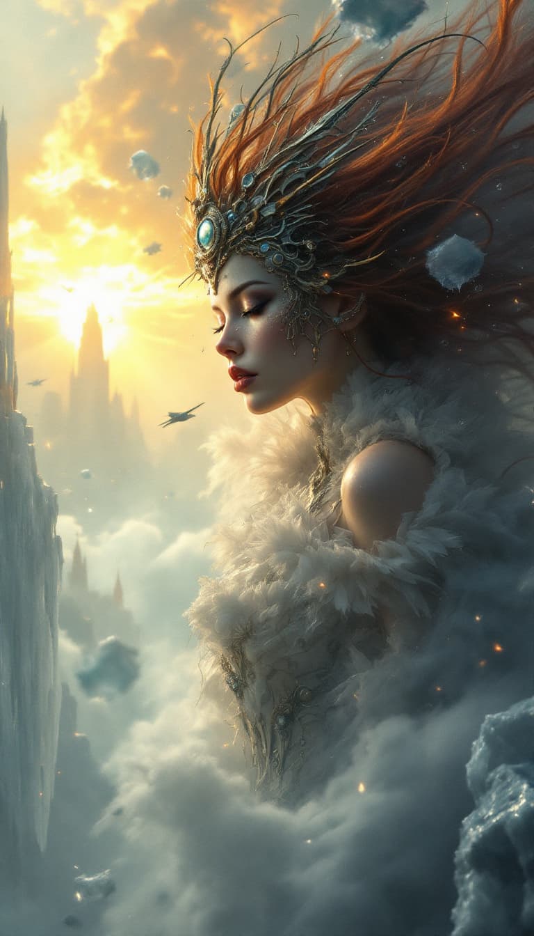 AI generated: Baroque-inspired sci-fi painting. Close-up. A beauty woman in a fantasy winter dress and ritual mask...