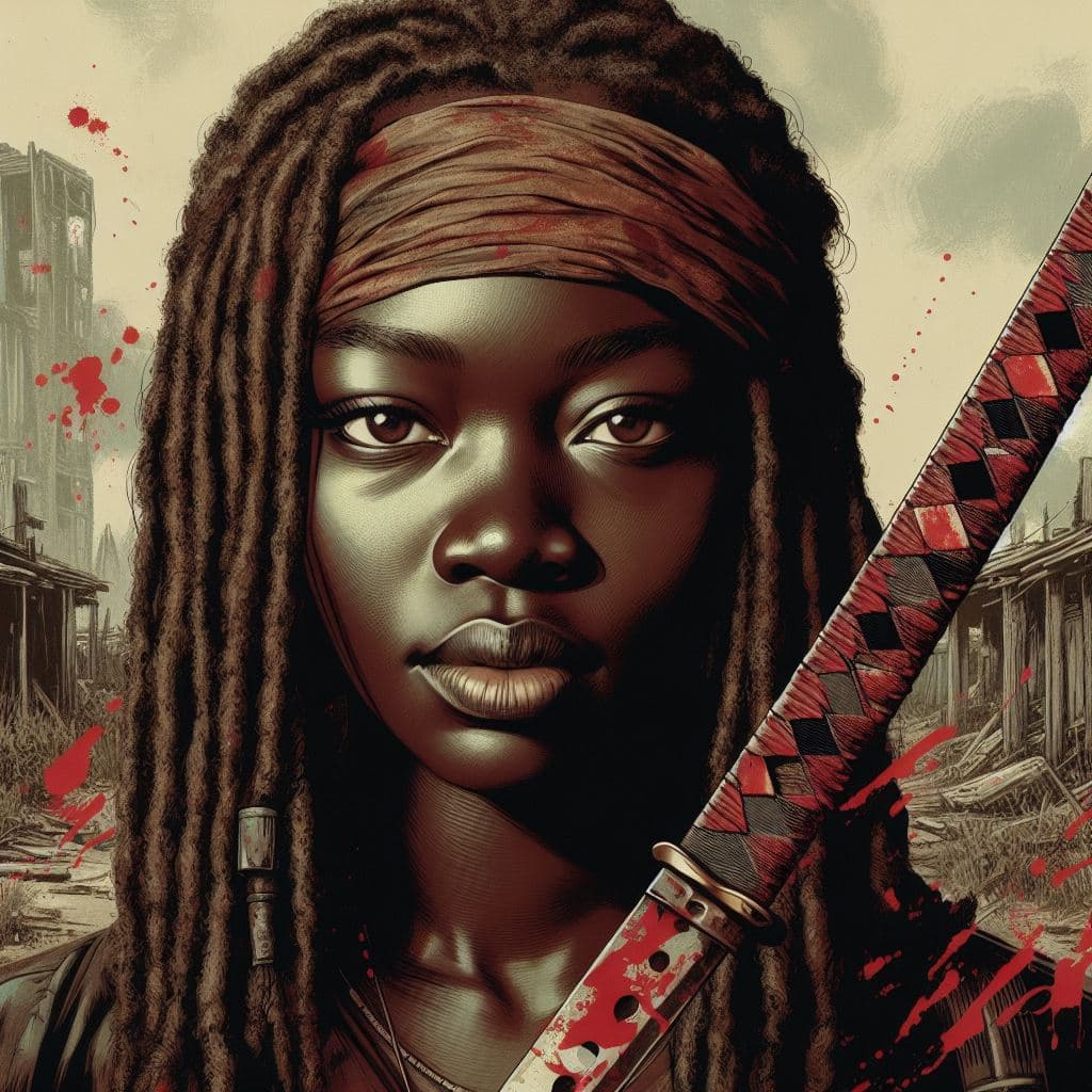 AI generated: Create a portrait of Michonne using a realistic style, with a focus on her facial features and expre...