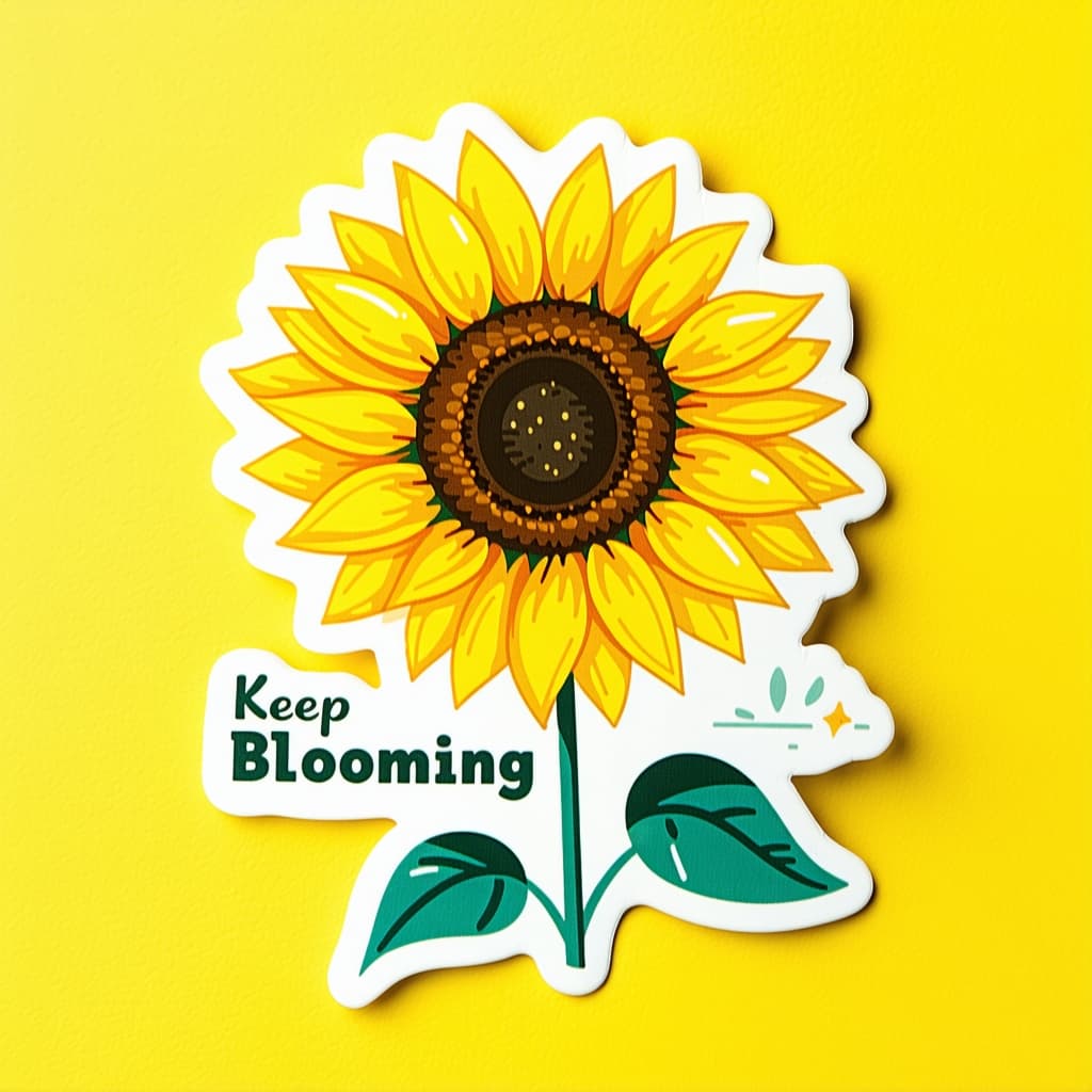 AI generated: "A die-cut sunflower sticker design with a clean edge, showcasing the vibrant illustration and the u...
