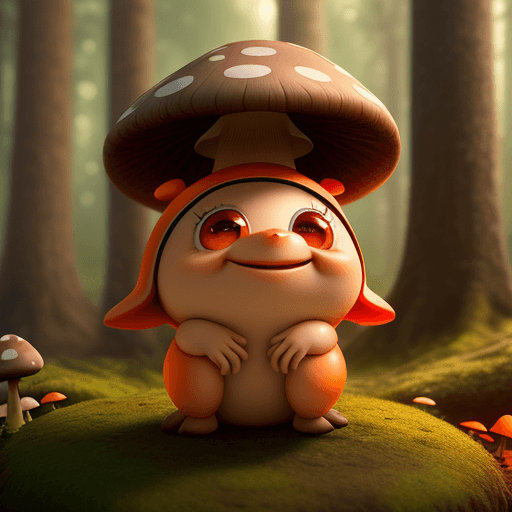 AI generated: cute little character like mushroom in forest, happy and smiling, big cute eyes, ambient light cinem...