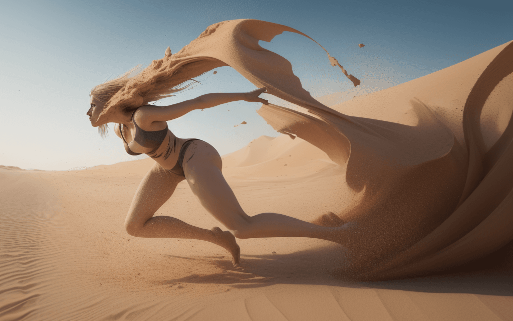 AI generated: RAW photograph of a woman created from sand running in profile at high speed, falling apart as she r...