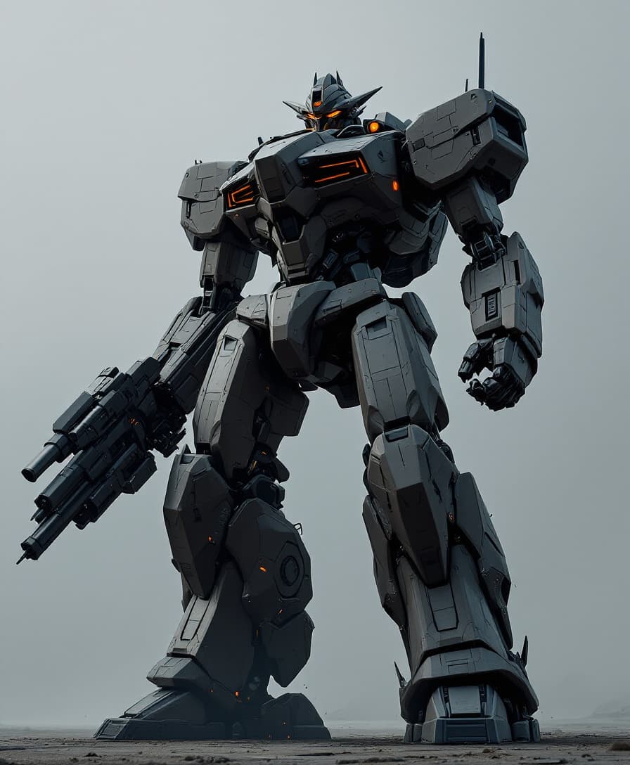 AI generated: giant mech robot, equipped with a powerful gun in each hand, imposing and towering in stature, sharp...