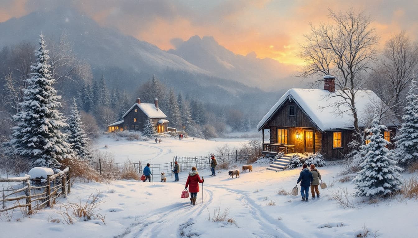 AI generated:  beautiful winter scenerie,joyful christmas and holiday,activity,snowy,  rural,late dark evening ,te...
