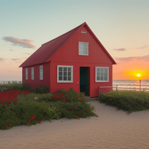 AI generated: A red building on the beach with a bunch of green gardens and people looking at the sunrise
