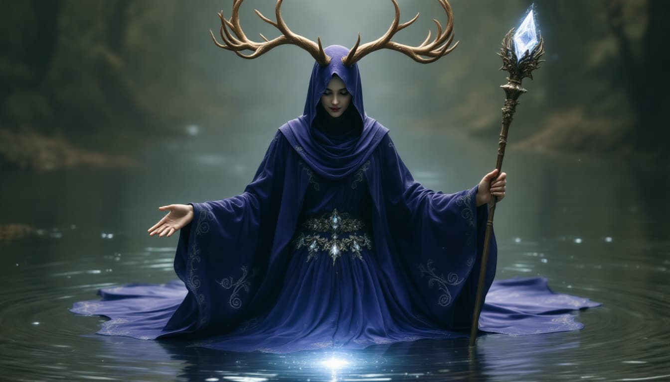 AI generated: a mystical figure standing serenely in a shallow body of water, surrounded by an ethereal aura. The ...