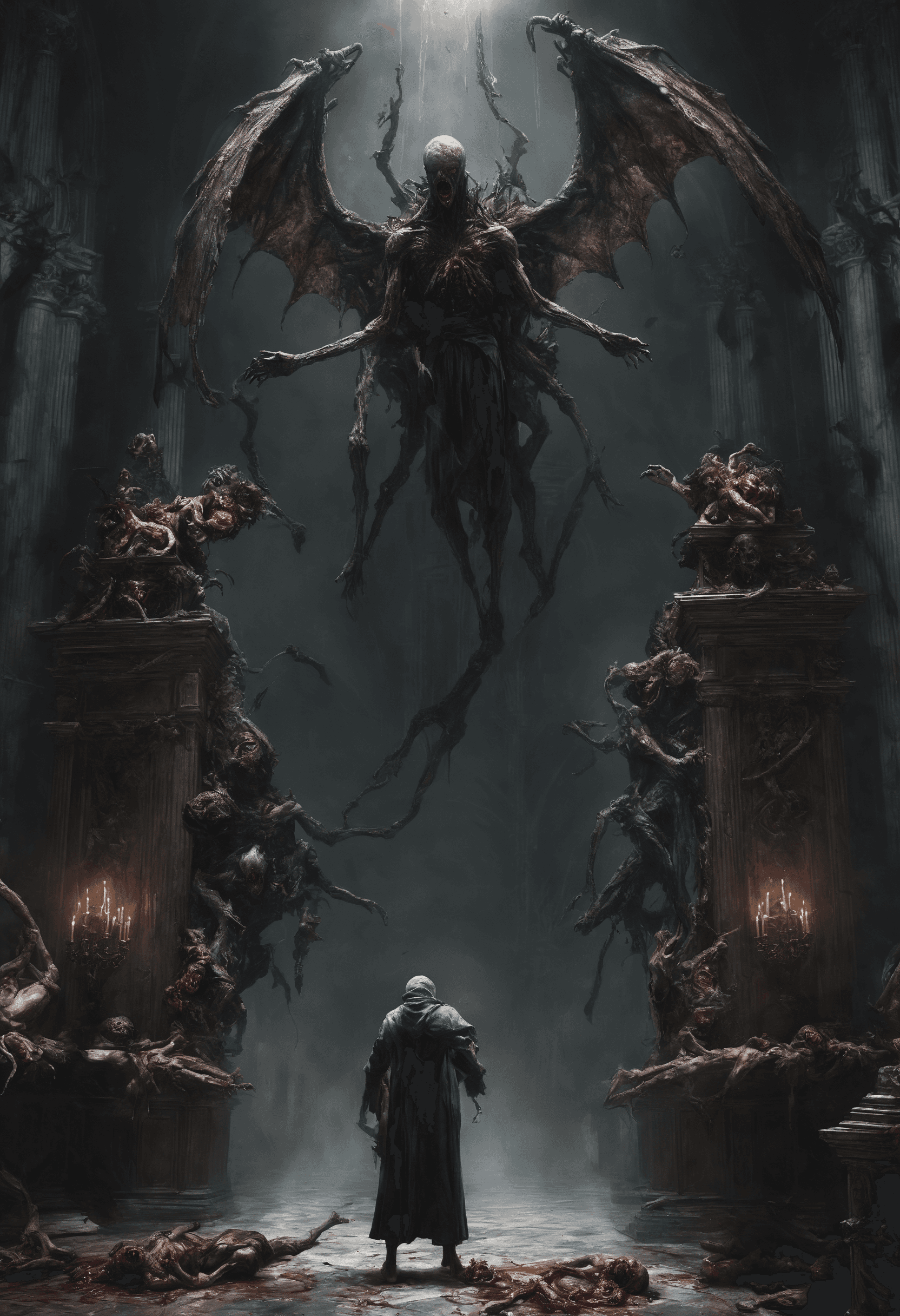 AI generated: concept art concept art a classical baroque painting of a cinematic ending to a bloodborne boss, dar...