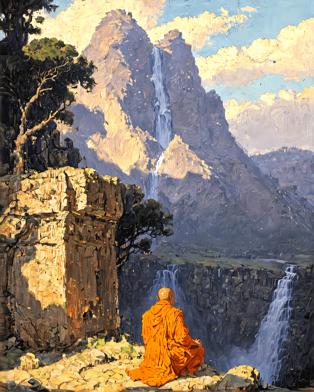 AI generated: Act1vate, a lone monk, in simple orange robes, meditating atop a jagged cliff at sunrise, a serene v...