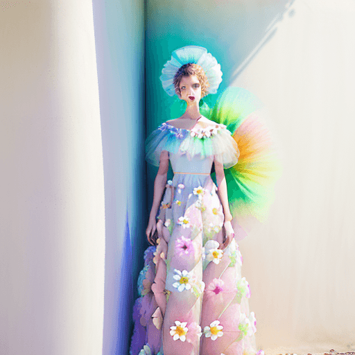 AI generated: diverse flowers make by tule covered wall, three white young fashion model wearing tule puffy dress,...