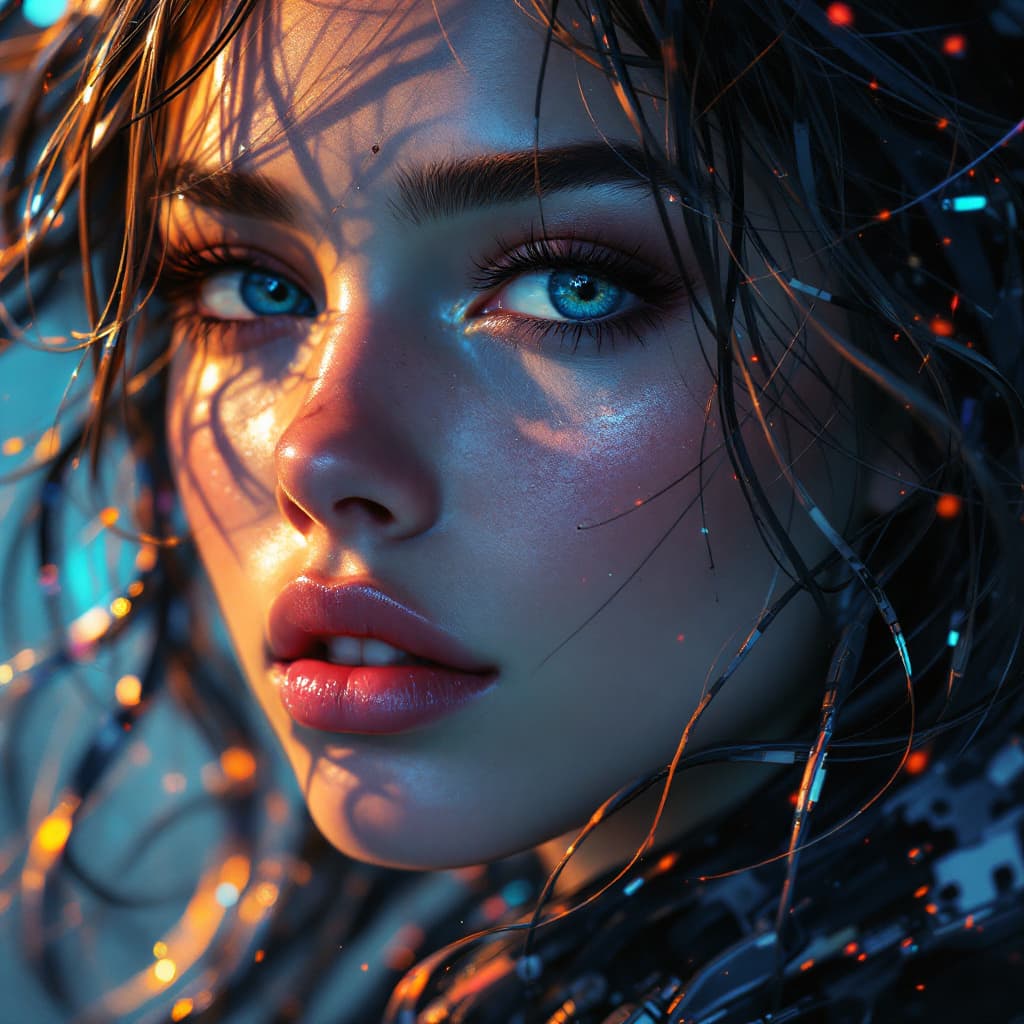 AI generated: beautiful, young woman, cybernetic, cyberpunk, detailed gorgeous face, flowing hair, vaporwave aesth...