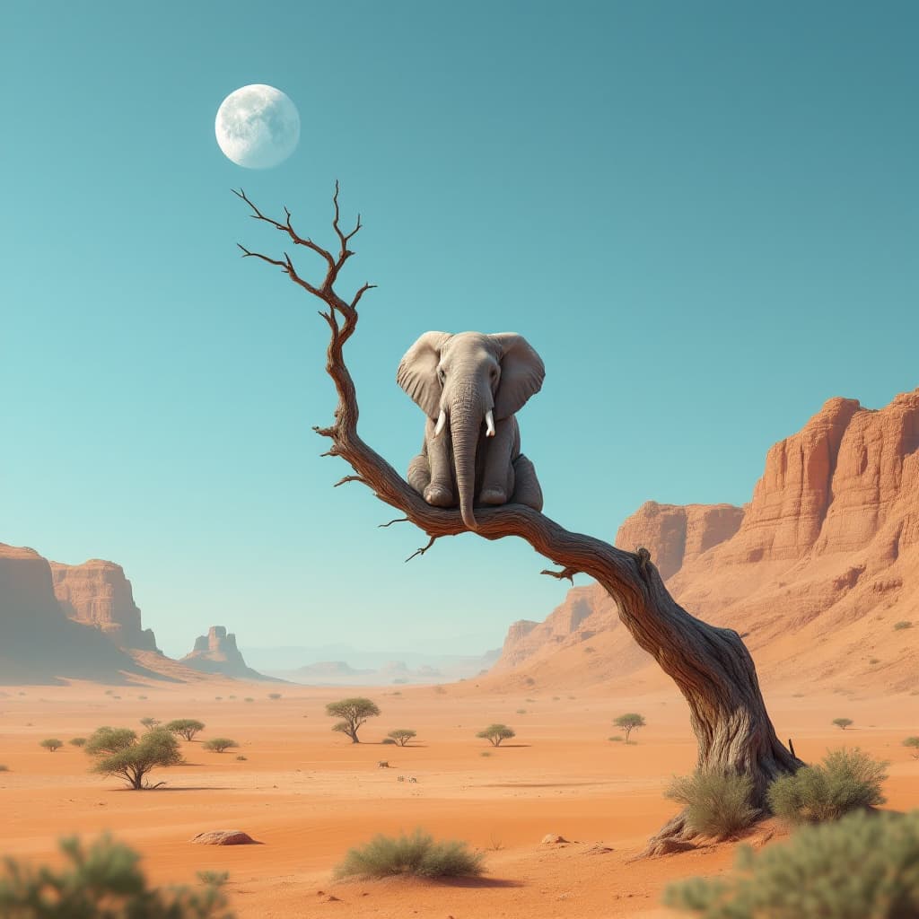 AI generated: A surreal depiction of an elephant, facing away the viewer, sitting on a thin, fragile looking bare ...