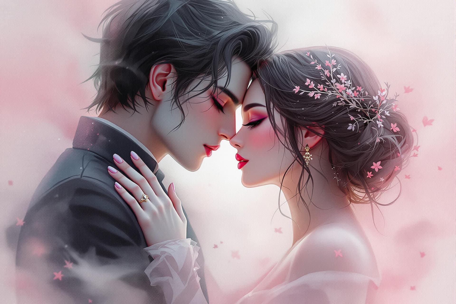 AI generated: painted soft , profile, close up beautiful goth couple hugging,  digital painting ,with intricate de...