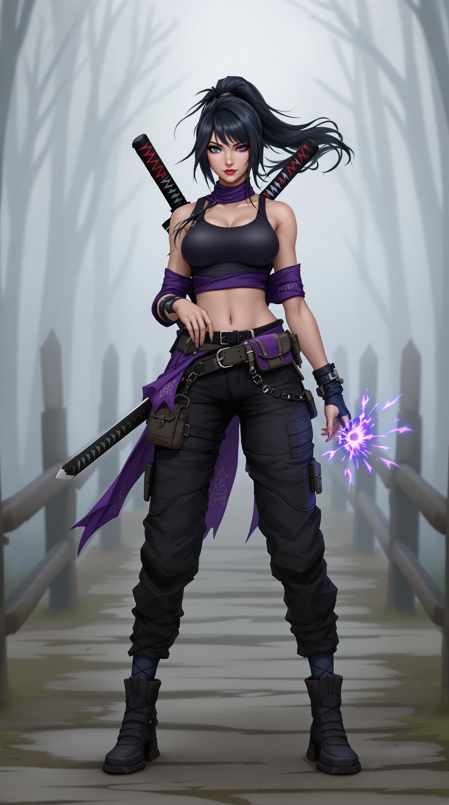 AI generated: The image depicts a strong, dynamic female character dressed in a stylish, urban outfit. She has lon...