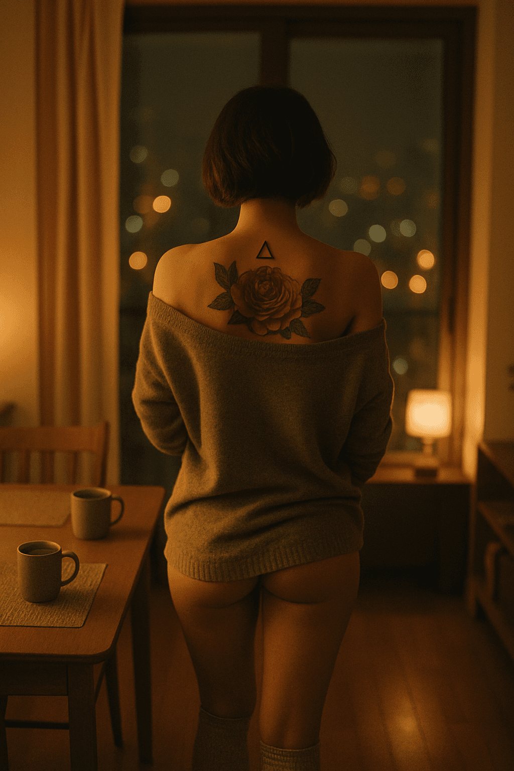 AI generated: A cozy, intimate evening apartment scene. A woman with a short dark bob haircut stands with her back...