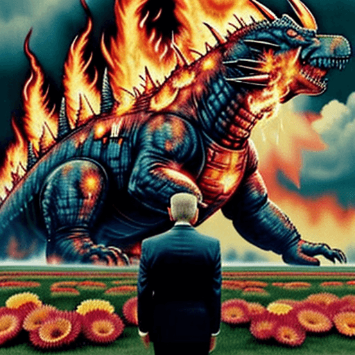 AI generated: A vintage photo shows a giant president bidenzilla breathing flames all over America citizens flee. ...