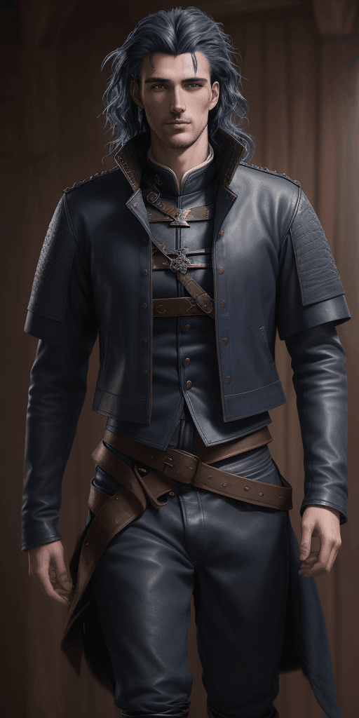 AI generated: wavy navy blue haired tall handsome young guy, wearing a old medieval clothes and a leather jacket, ...