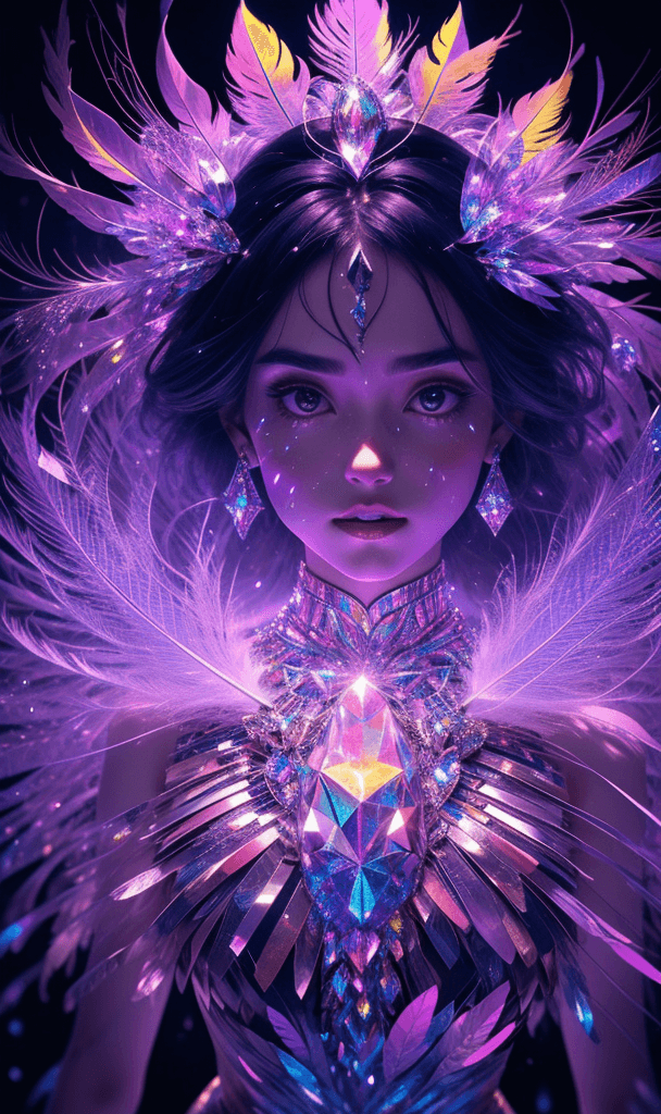 AI generated: an wooden slice made out of glowing crystals with a person's face illuminated, in the style of surre...