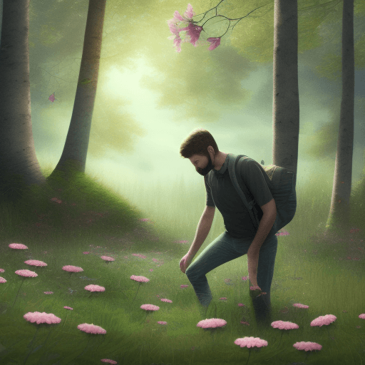 AI generated: damaged guy in forest finding rare flovers, hyper realism, 8k