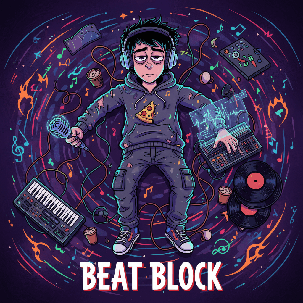 AI generated: Cartoon cover illustration, full body shot of a black haired Music Producer, knees up, listless, on ...