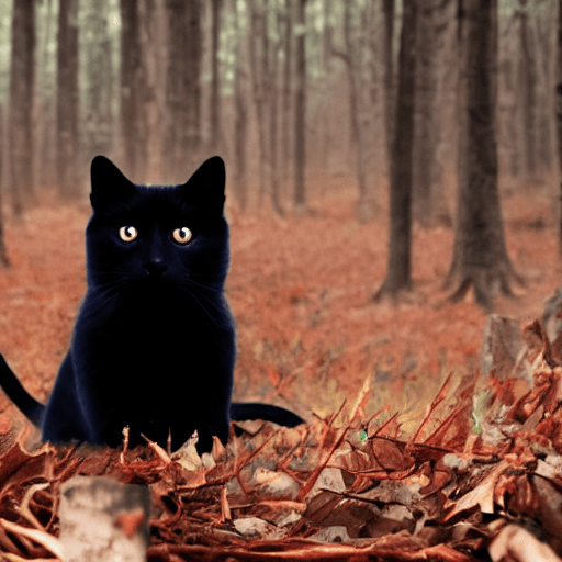 AI generated: photo of black cat, without eyes, in a night forest, inspires terror