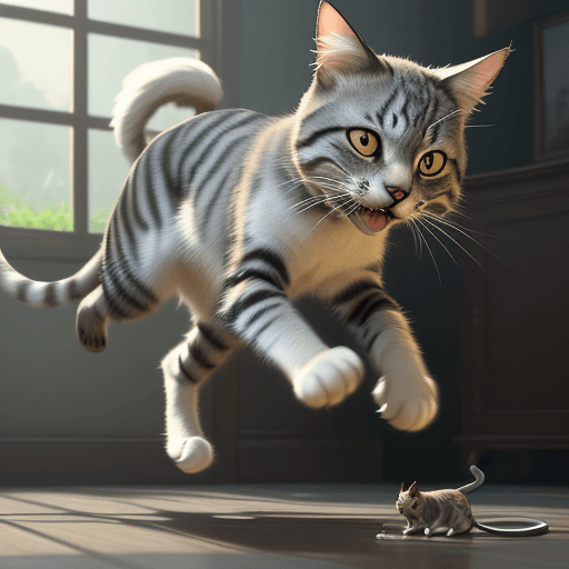 AI generated: Capture the grace and spontaneity of a cat's playfulness as it pounces on a toy mouse, its fur ruffl...