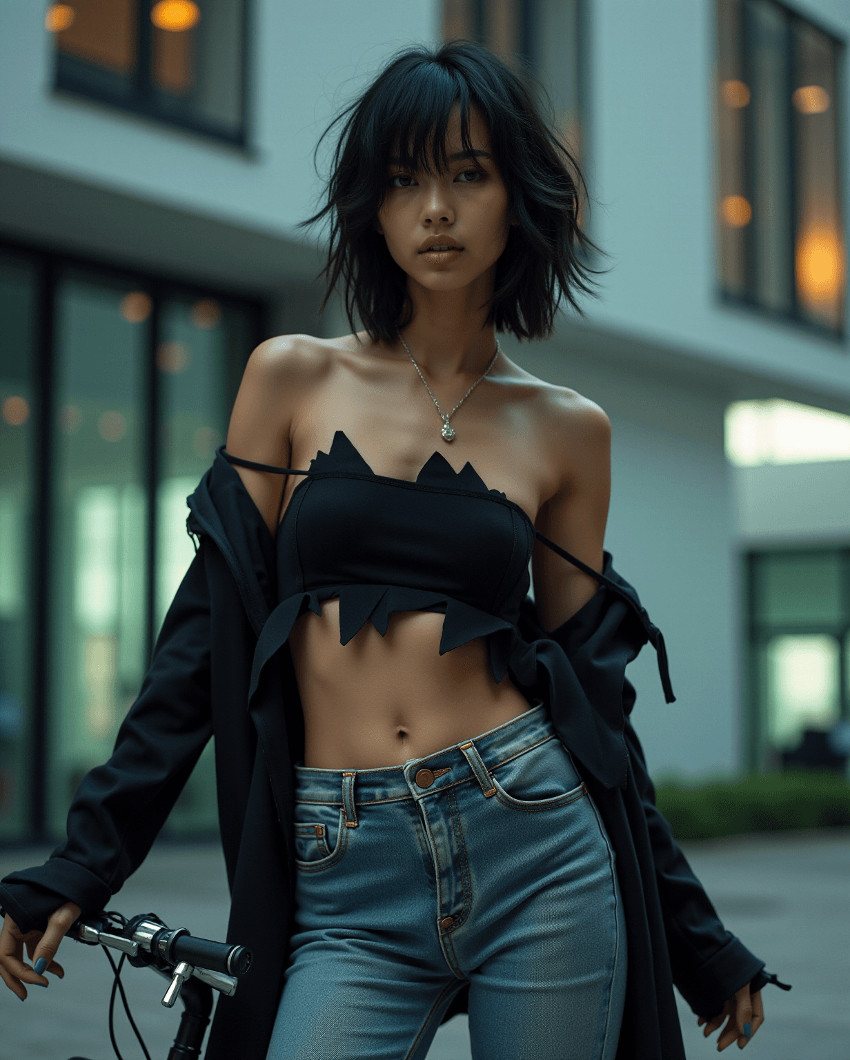 AI generated: High fashion photo of a slim, small breast, flat chest, abs, young asian female supermodel, with sho...