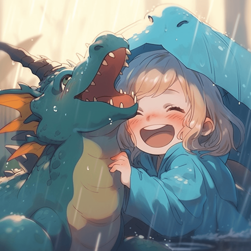 AI generated: a young blonde girl and her friendly blue soft dragon, kind dragon, happy dragon, splashing in puddl...