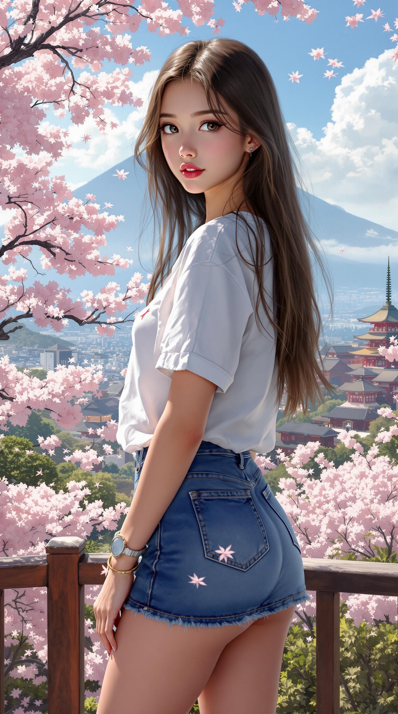 AI generated: Photorealism Painting of a girl, long hair, looking at viewer, wearing a casual clothes, short sleev...