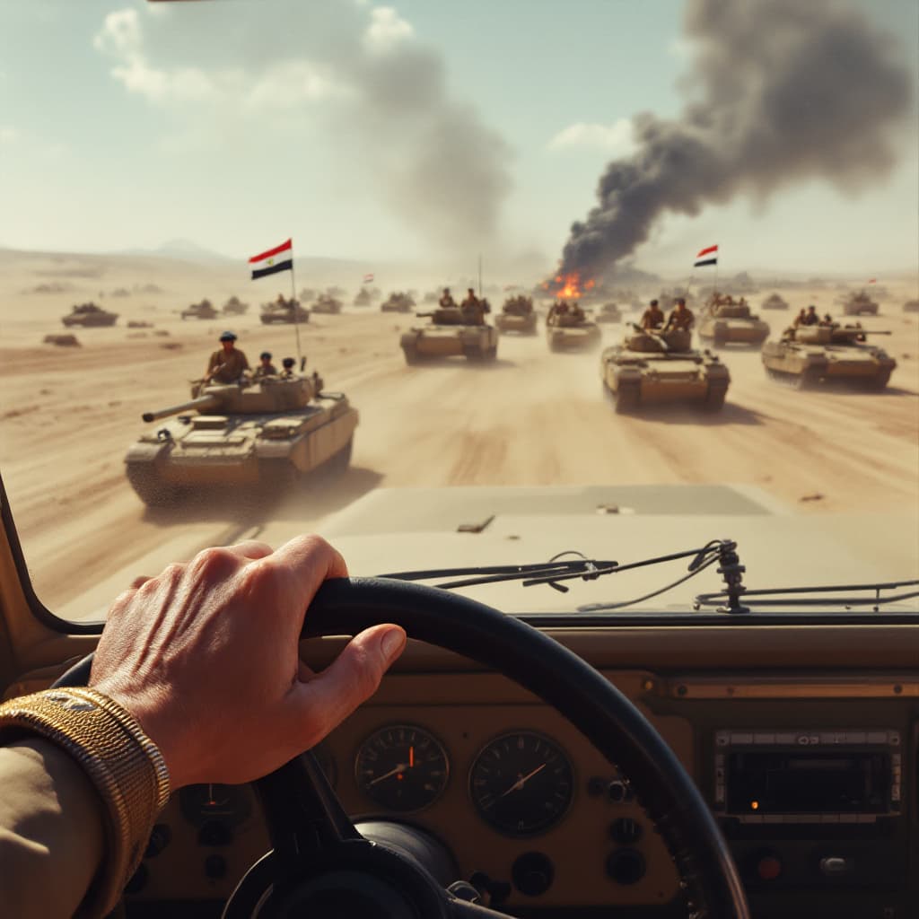 AI generated: Hyper realistic eye level exterior photFirst person POV, President Anwar Sadat’s hands grip the stee...