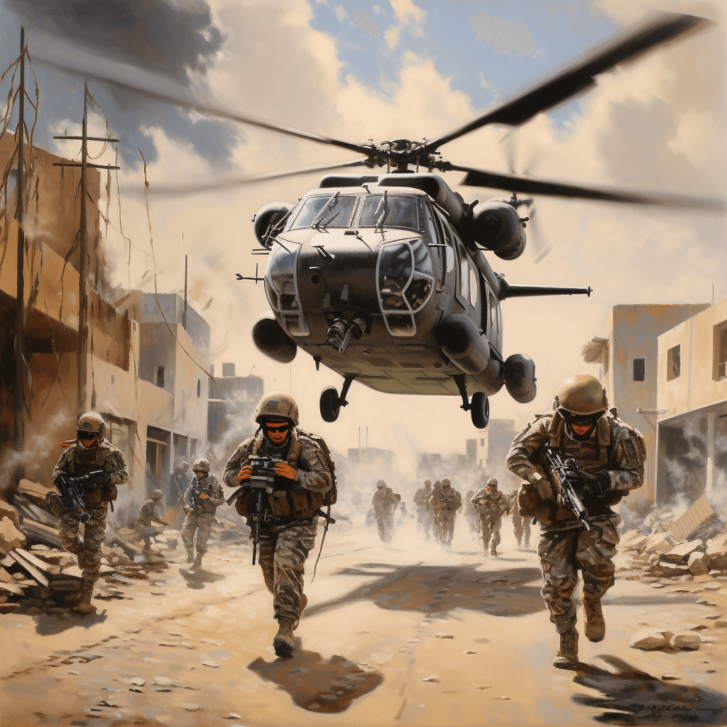 AI generated: israeli defence forces, army, IDF, fighting, military, streets, army, air force, rockets