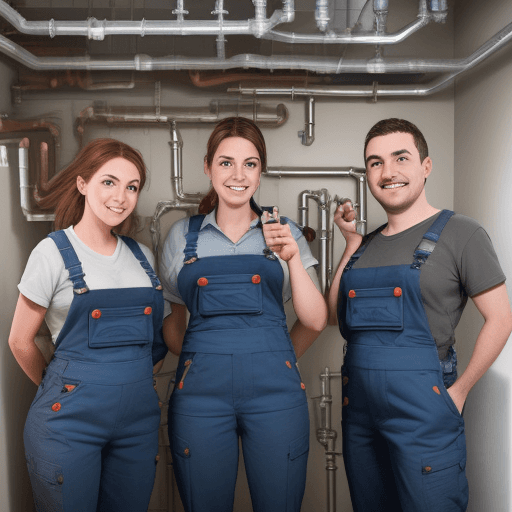 AI generated: 2 female plumbers and 1 male plumber working on a plumbing system aged 20-24 years who look happy to...