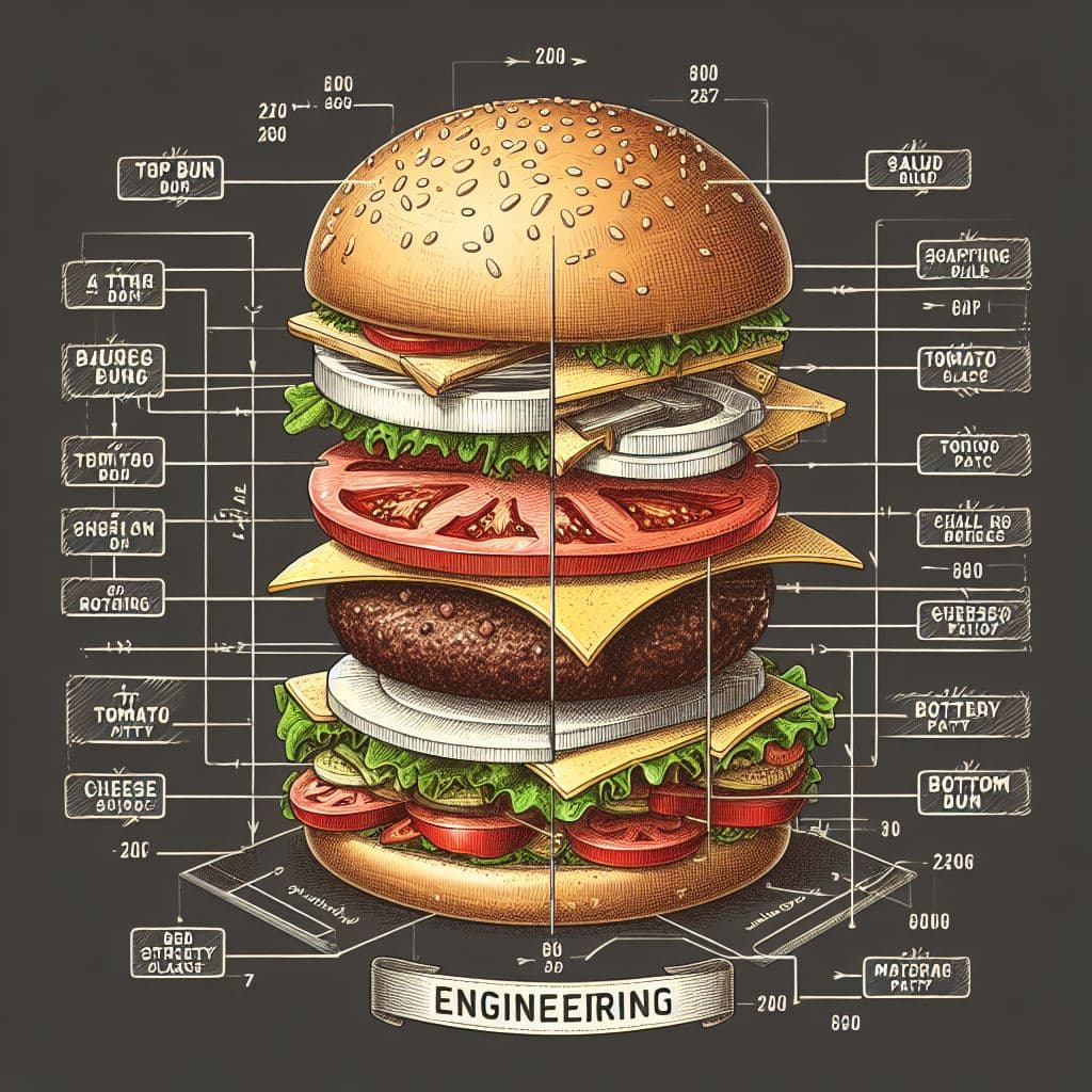 AI generated: Engineering diagram showing an exploded view of a cheeseburger with all its components separated and...