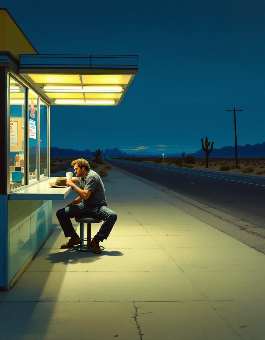 AI generated: A painting in the style of Edward Hopper, set in the 1960s, depicting a solitary man seated at the o...