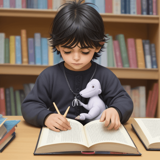 AI generated: Niño mago estilo manga dando vida con una varita a libros