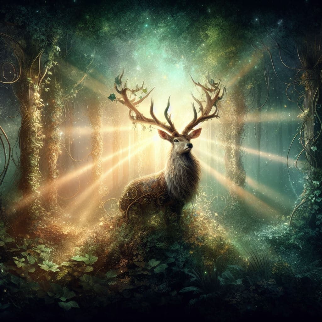 AI generated: The deer is standing on a rock surrounded by vegetation and flowers. The background is a forest with...