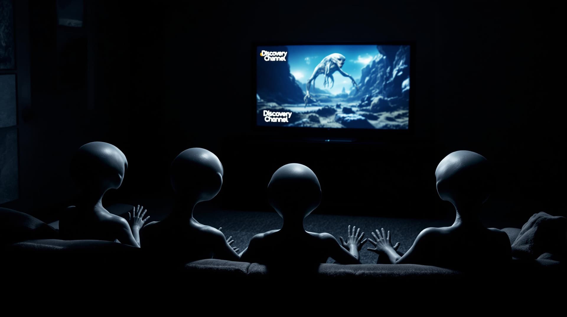 AI generated: Three grey aliens are sitting on a black sofa in the dark and watching a Discovery Channel show on a...
