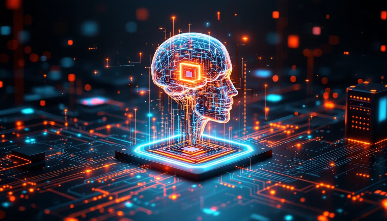 AI generated: make a 3d image with a futuristic design about deep learning, showing a holographic machine in the s...