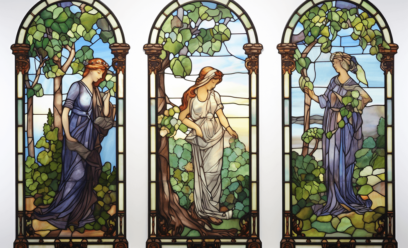 AI generated: 3 tall stained glass windows, each depicting a man tending to grapevines in an orchard, in the style...