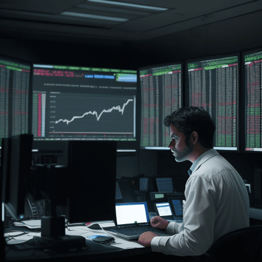 AI generated: photo of a stock market trader in a room, full of dark,having monitors all around showing charts. a ...