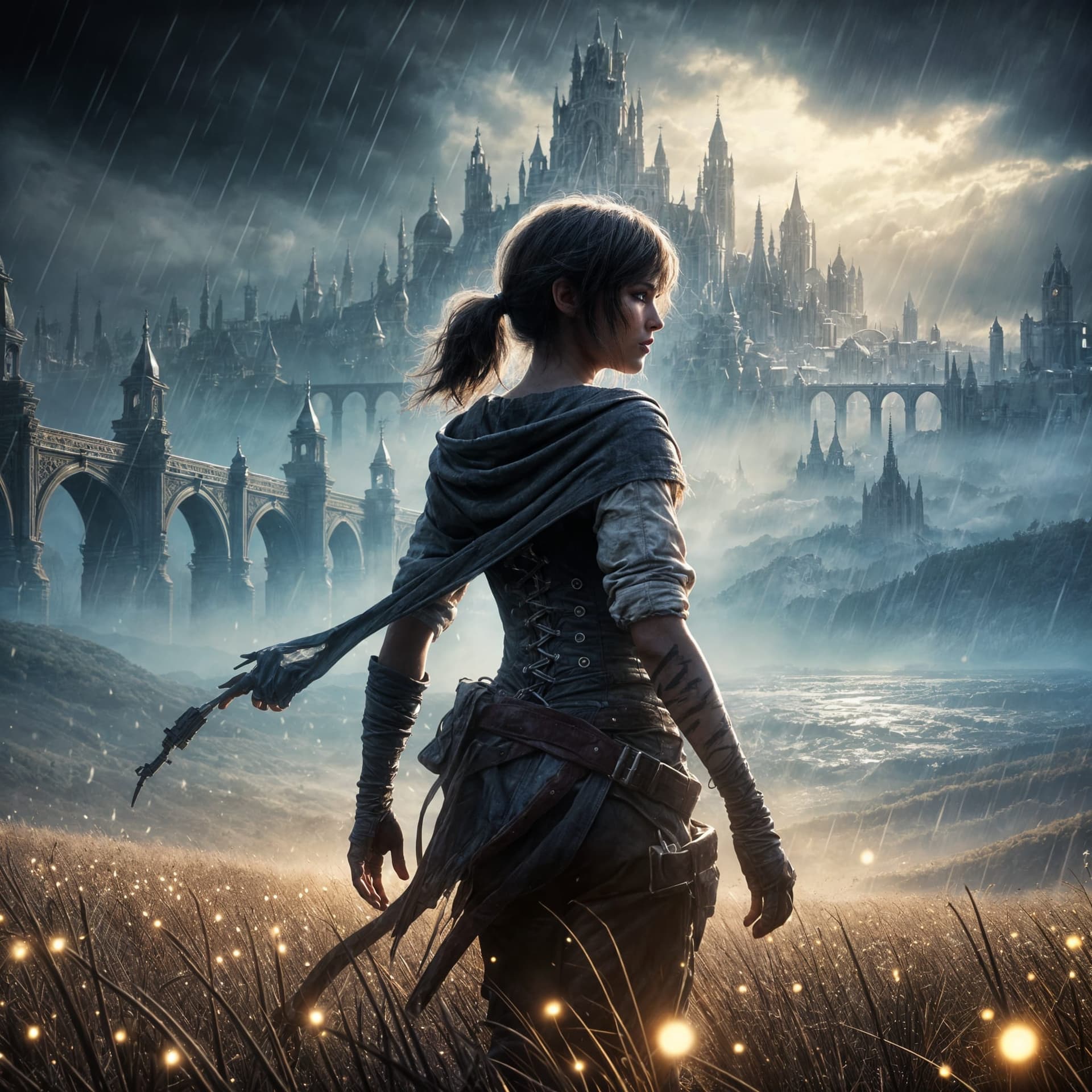 AI generated: A lone warrior woman stands at the edge of a misty, rain-soaked field, gripping a dagger tightly. He...