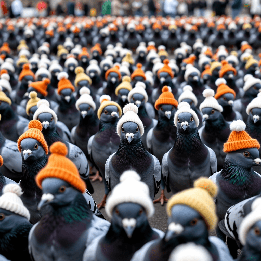 AI generated: A flock of pigeons all wearing tiny, perfectly knitted hats, gathered in a city square. Eye-level sh...