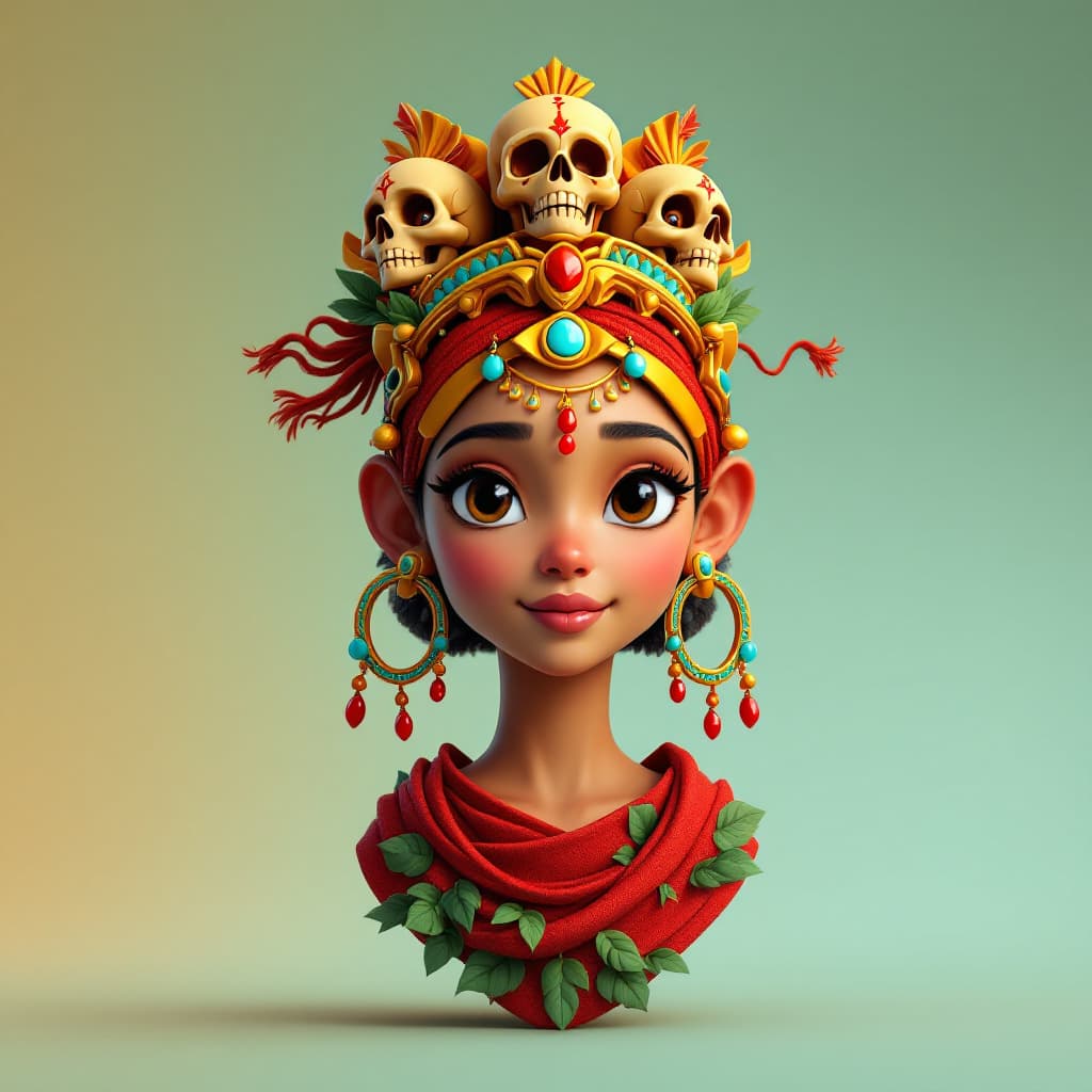AI generated: /imagine prompt: Stylized 3D bust of a youthful tribal goddess with a soft, childlike face, large al...