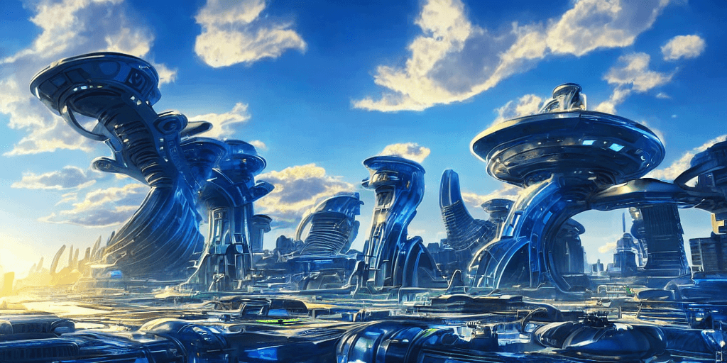 AI generated: futuristic sci-fi high-tech city of Atlantis in late afternoon light, wispy clouds in a blue sky