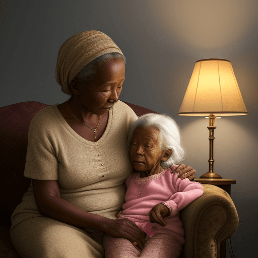 AI generated: The cosy glow of a lamp casts a soft light across the room, where an elderly African woman in her 70...
