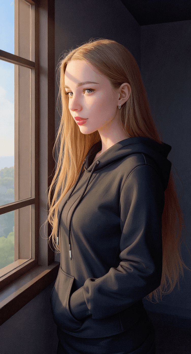 AI generated: half body portrait of a beautiful girl by a window, hoodie, dynamic lighting, shadows, sultry, anime...