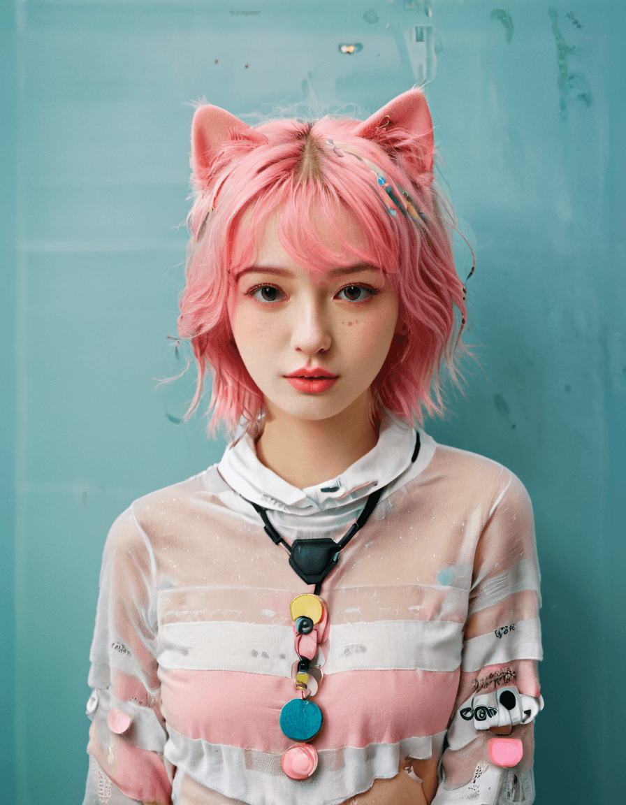 AI generated: Girl with vibrant pink hair. The illustration should be executed in the distinctive Flat shading sty...